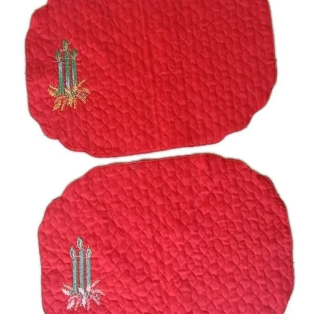 Set Of Two Unbranded Red Quilted Placemats Green Embroidered Candles